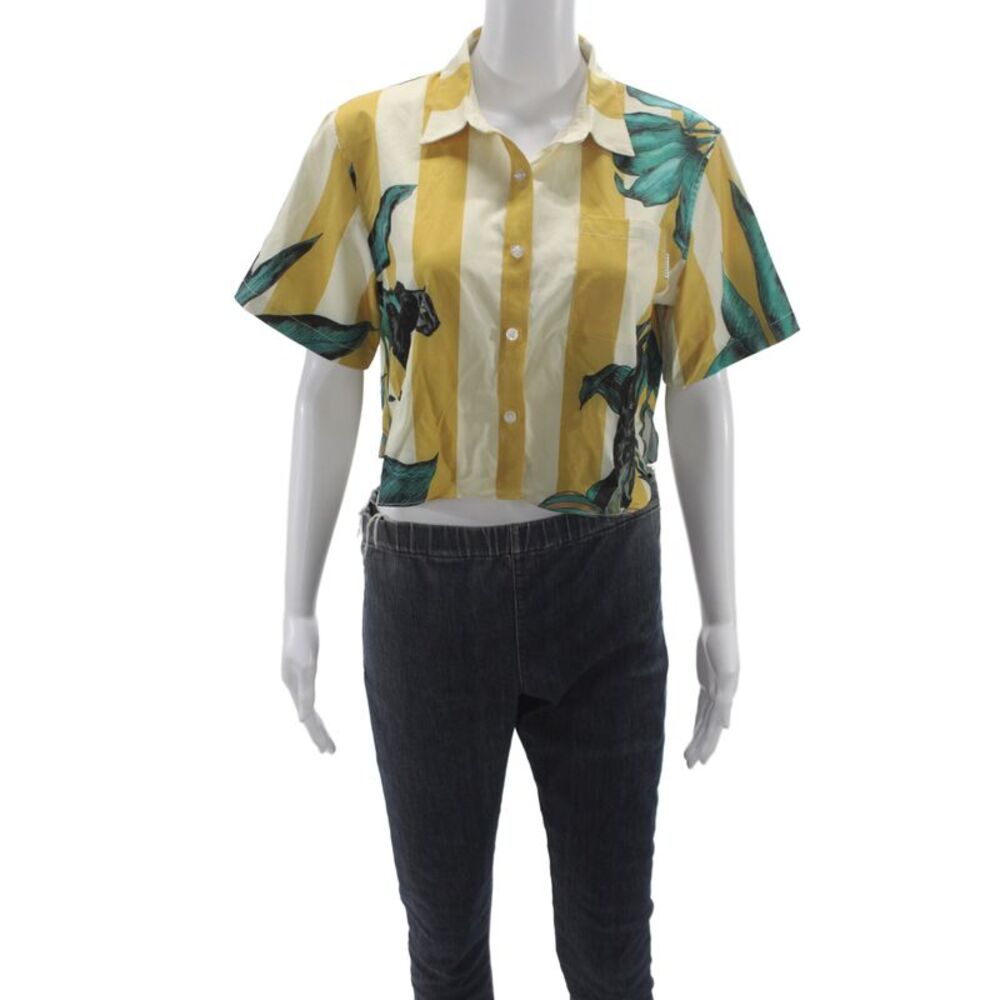 Mavrans Women Cropped Striped Yellow Button Up Collared Short Sleeve Top Size M
